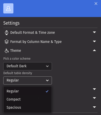 Settings menu showing the default table density options