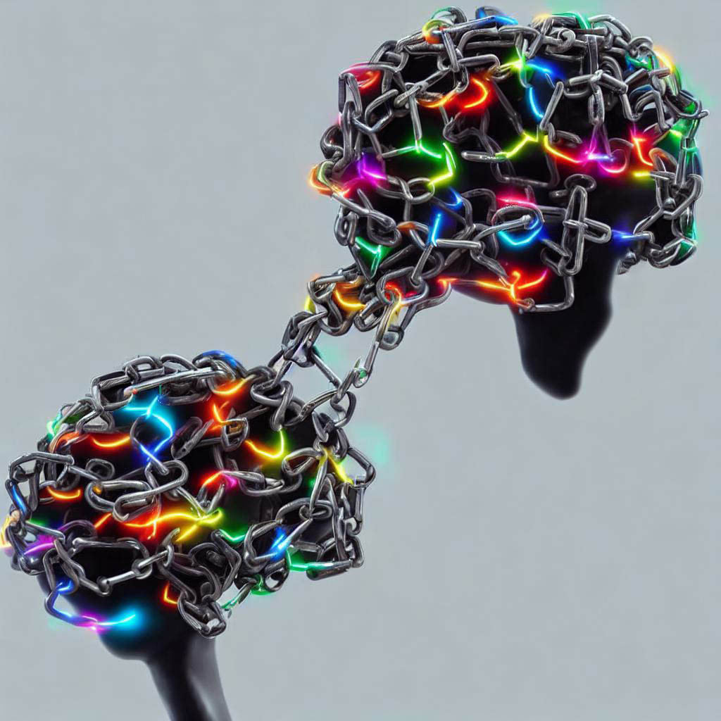 Stable Diffusion: a brain made of colorful metal chains connected to another brain made of chains, synth wave, floating in space Seed-9862102 Steps-25 Guidance-7.5