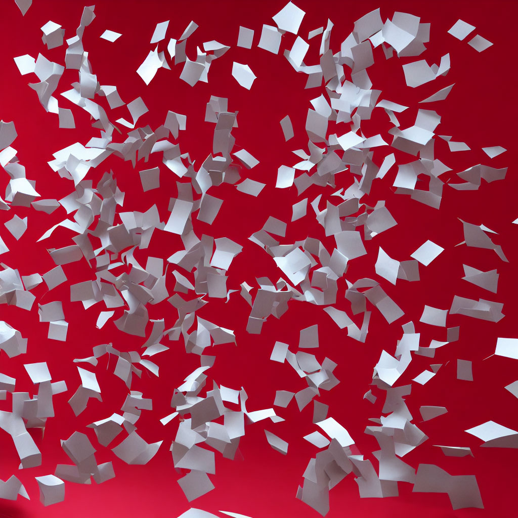 Stable Diffusion prompt: many bits of paper falling in a red room, 3d render highly detailed studio lighting Seed-8077135 Steps-50 Guidance-7