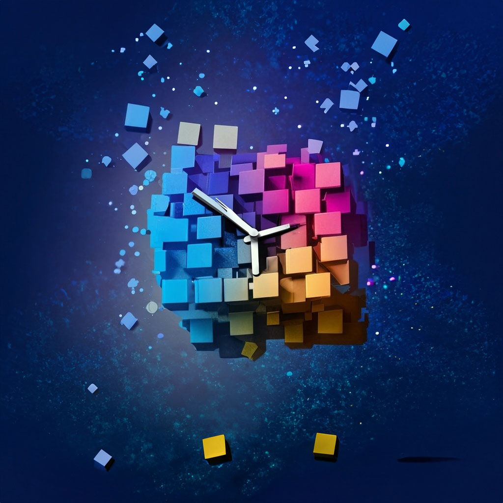 AI prompt: modern clock, emerging from individual colorful square cubes, in the moonlight, sparkles, isolated dark blue background