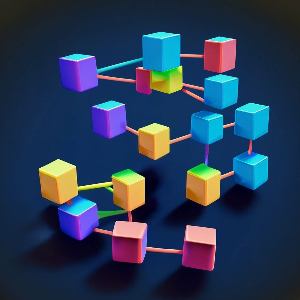 AI image prompt: two groups of randomly placed colorful plastic square cubes connected in a node graph, isolated dark-blue background