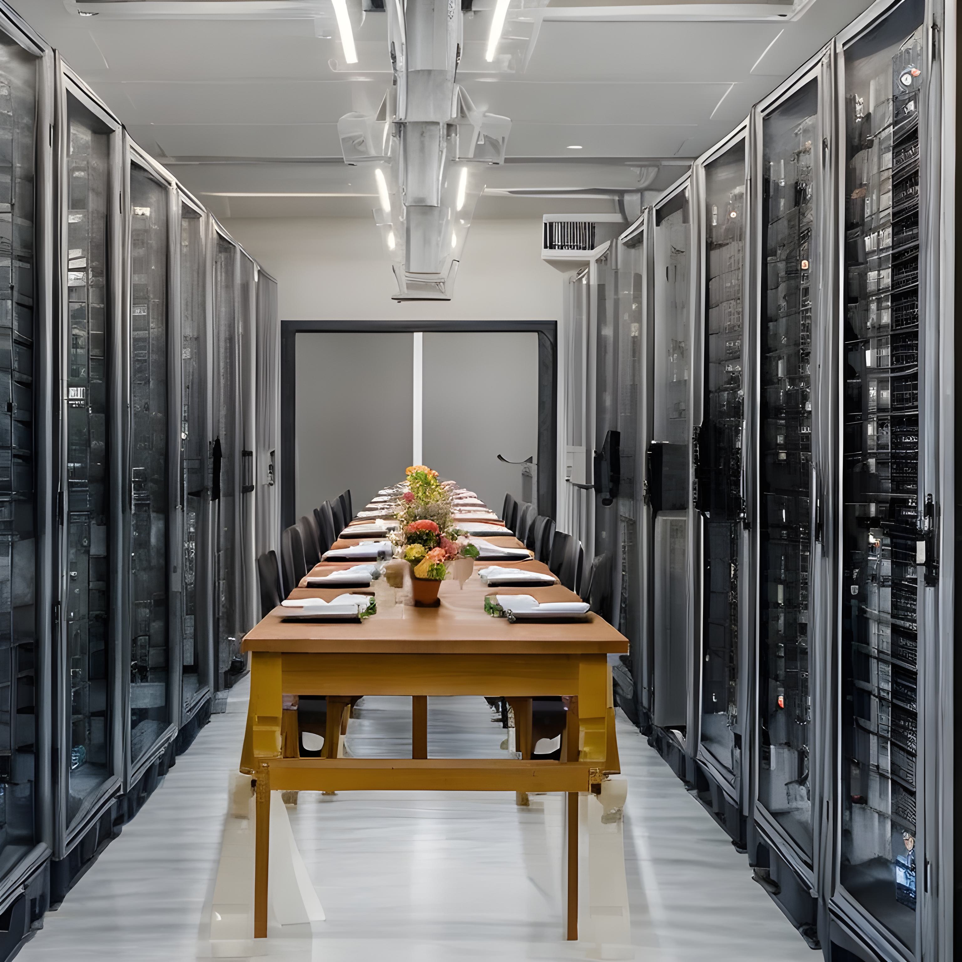 Stable Diffusion prompt: server room with a farm table meal setting in the aisle