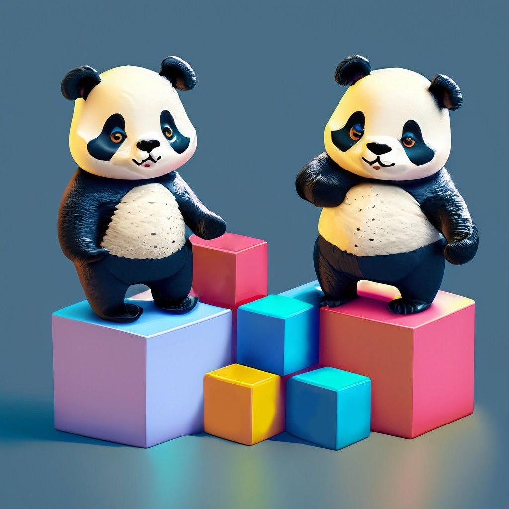 AI prompt: two pandas standing on colorful plastic cubes, isolated on a dark blue background